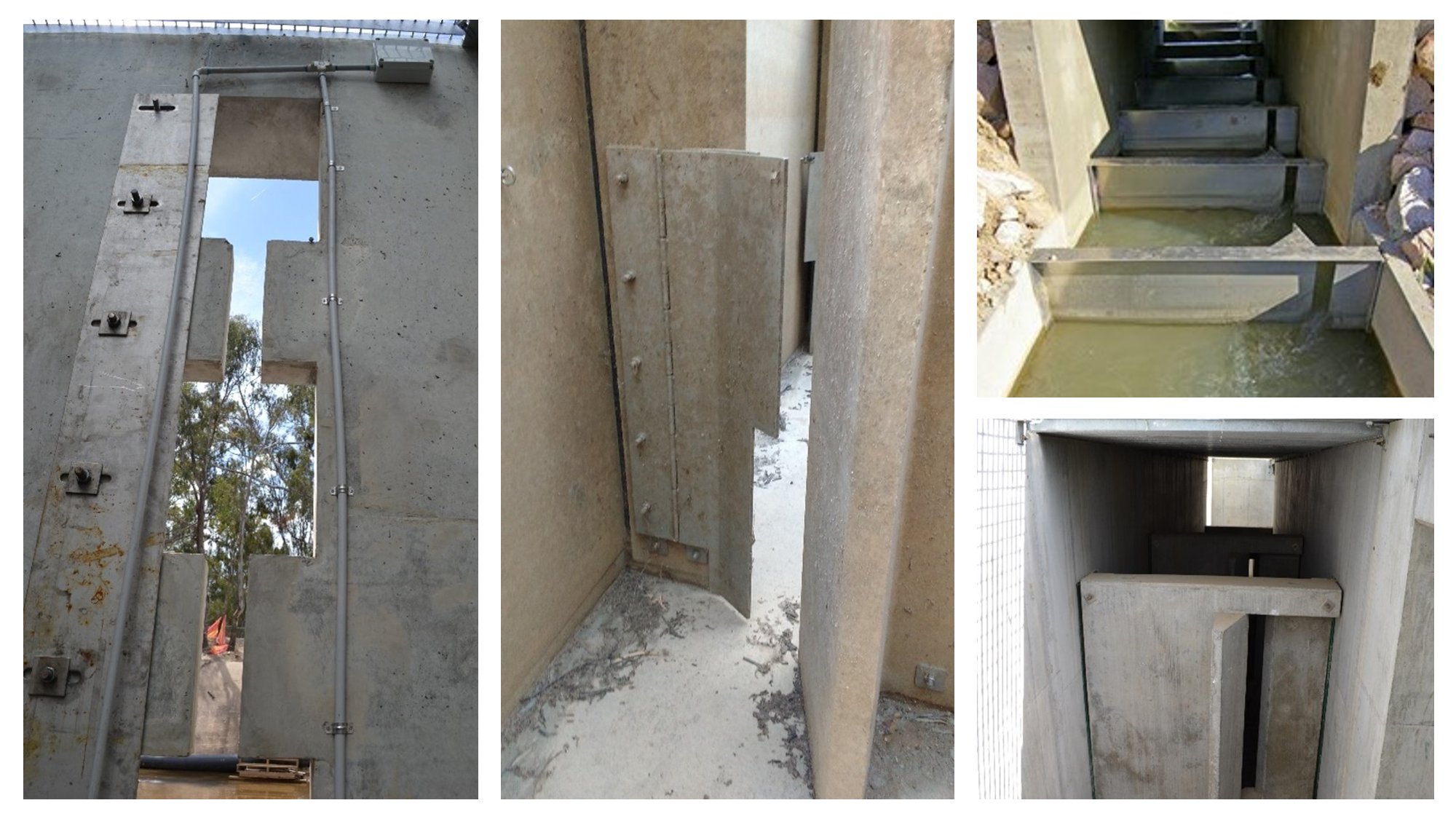 Vertical slot fishway examples: </br>
		1. Left: keyhole slot design in a vertical slot fishway, Yallakool Creek, New South Wales </br>
		2. Middle: precast concrete rectangular vertical slot baffle, showing rocky base of fishway and metal grate overhead, Yallakool Creek, New South Wales </br>
		3. Top-right: vertical slot fishway, showing rectangular slot design, Sheepstation Creek, Ayr, Queensland </br>
		4. Bottom-right: metal keyhole slot design in vertical slot fishway baffle, Chowilla Regulator, South Australia
		Photo by Ivor Stuart (1,2 and 4), and Tim Marsden (3)
	