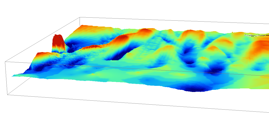 3D shaded relief showing an area of high relative relief in the north of Hervey Bay, Queensland. Sandbanks rise up to 6m above the surrounding terrain, and holes and channels extend below 30m in depth. (From CEQ30m DEM – DES 2018)