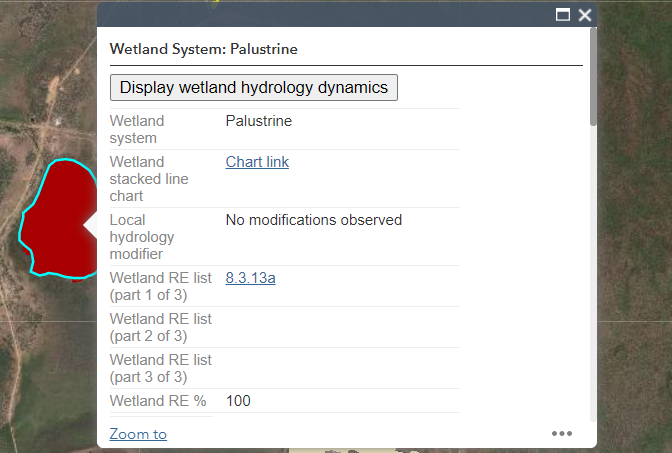 WetlandMaps pop-up with 'Display wetland hydrology dynamics' button