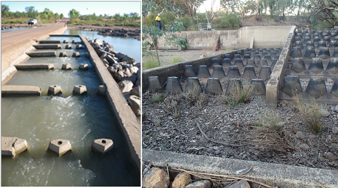 Cone fishway examples: </br>
		1. Left: Concrete cone fishway (Little Bynoe River, Normanton) </br>
		2. Right: Plastic cone fishway at Reilly's Weir, Condamine River, Queensland  </br>
		Photo by Andrew Berghuis (1) and Andrea Prior (2)
	 