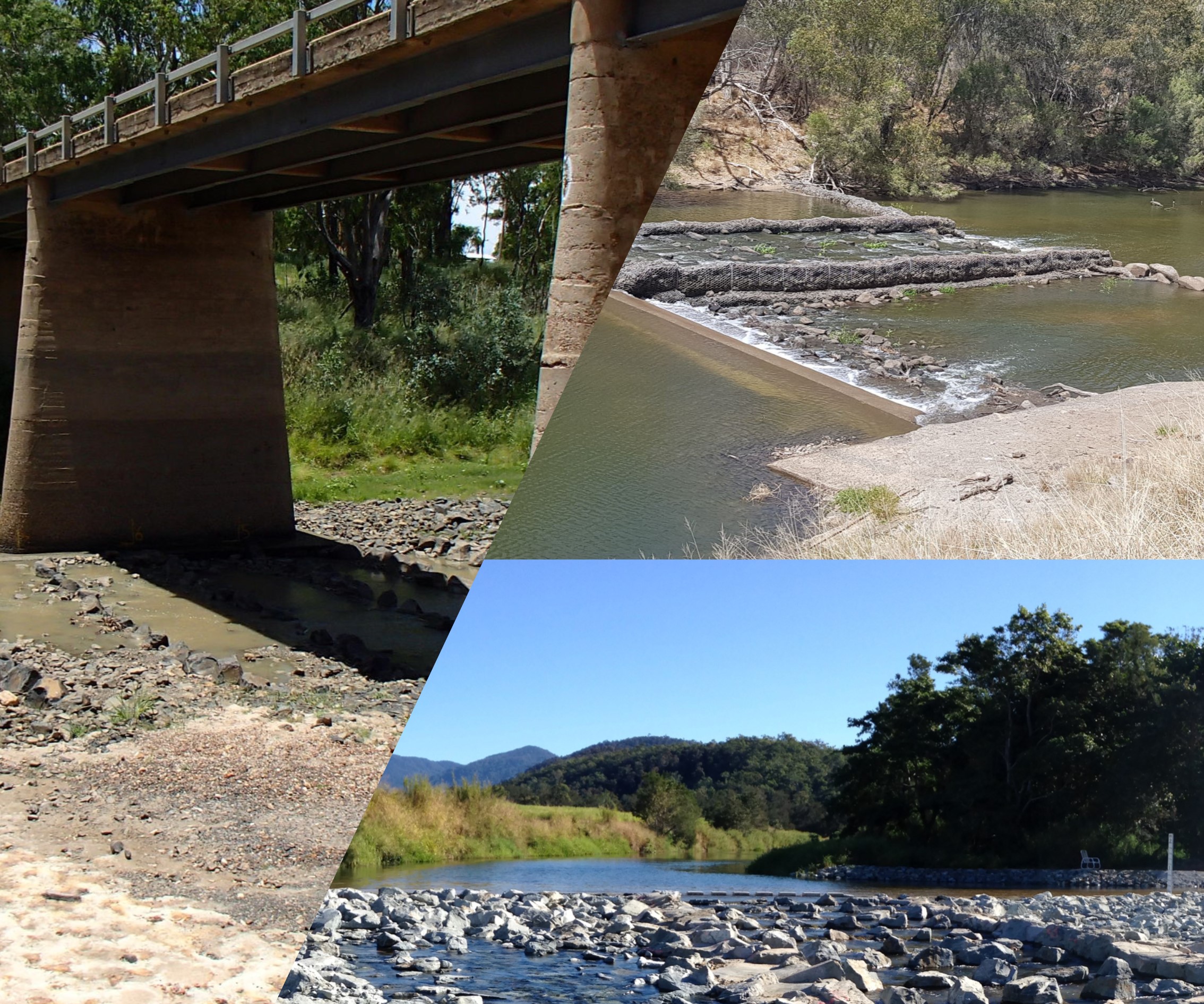 Rock Ramp examples: <br>
		1. Left: full width lateral ridge rock ramp, Condamine Weir, Condamine, Queensland<br> 
		2. Top right: partial width lateral ridge rock ramp, Goondiwindi weir, Macintyre River, Queensland<br> 
		3. Bottom right: full width rock ramp fishway with low flow lateral ridge channel down the centre and high flow random rock graded ramp on both banks, Clews Road, Murray Creek, Queensland Photo by 1 and 2 Janice Kerr and 3 Matthew Moore