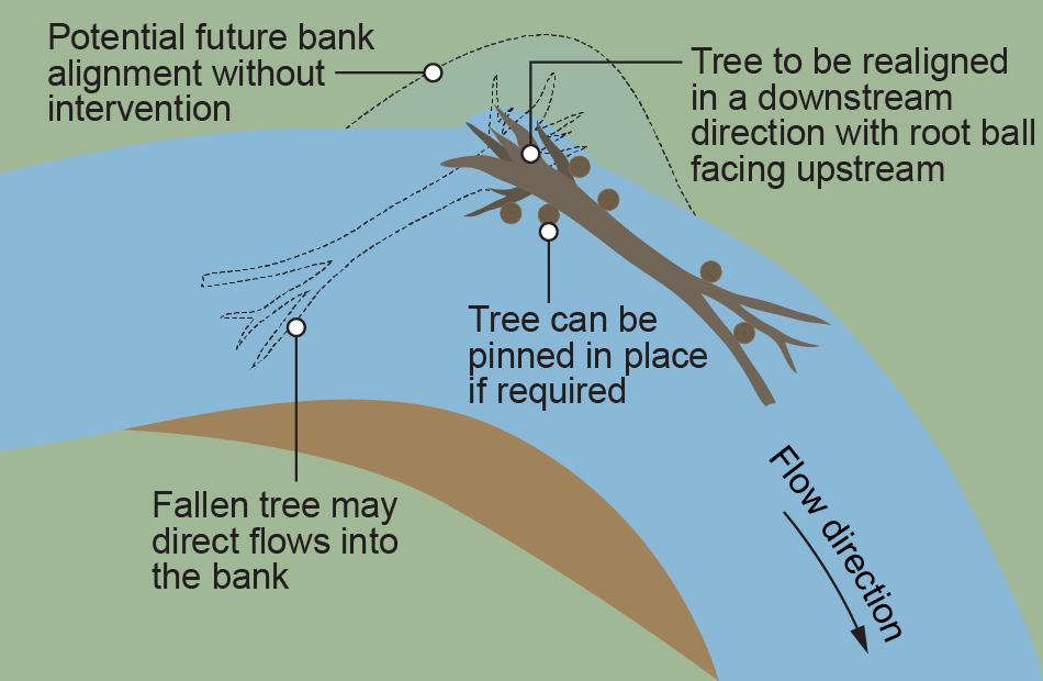 Diagram showing reorientation of instream large wood. Image by Queensland Government