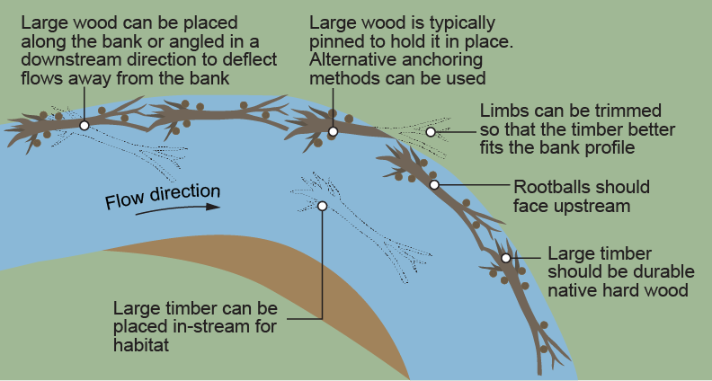 Plan view diagram showing effective large wood placement along the channel. Image by Queensland Government