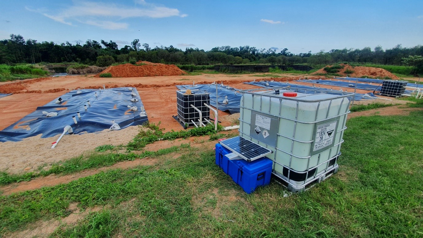 Figure 3 Trial of bioreactor beds (covered in plastic liner) for treating aquaculture wastewater on a fish farm. Photo by James Cook University