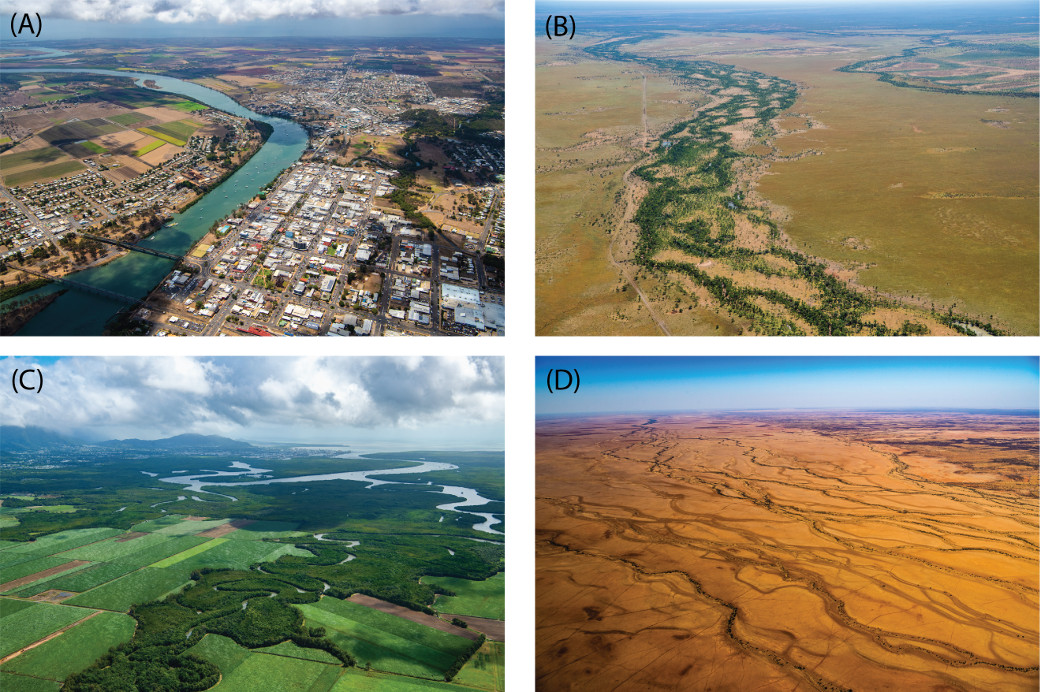 Queensland contains a wide variety of natural water channels including: (A) single channel and (B) multi-channel systems, and rivers that (C) flow to the sea, and (D) flow inland. Photo by Gary Cranitch © Queensland Museum